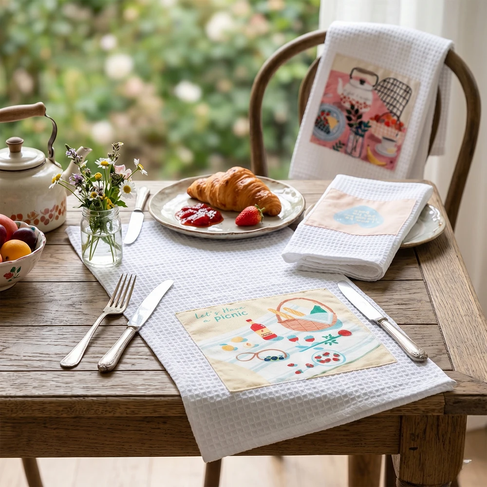 Torchon en coton gaufré à motif patchwork, utilisable pour envelopper un petit cadeau